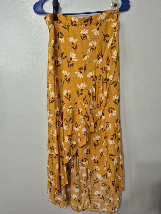 Sonoma Dresses & Skirts - Sonoma Mustard Floral Wrap Maxi Skirt Small Slit Ruffle Hem Boho Flowy